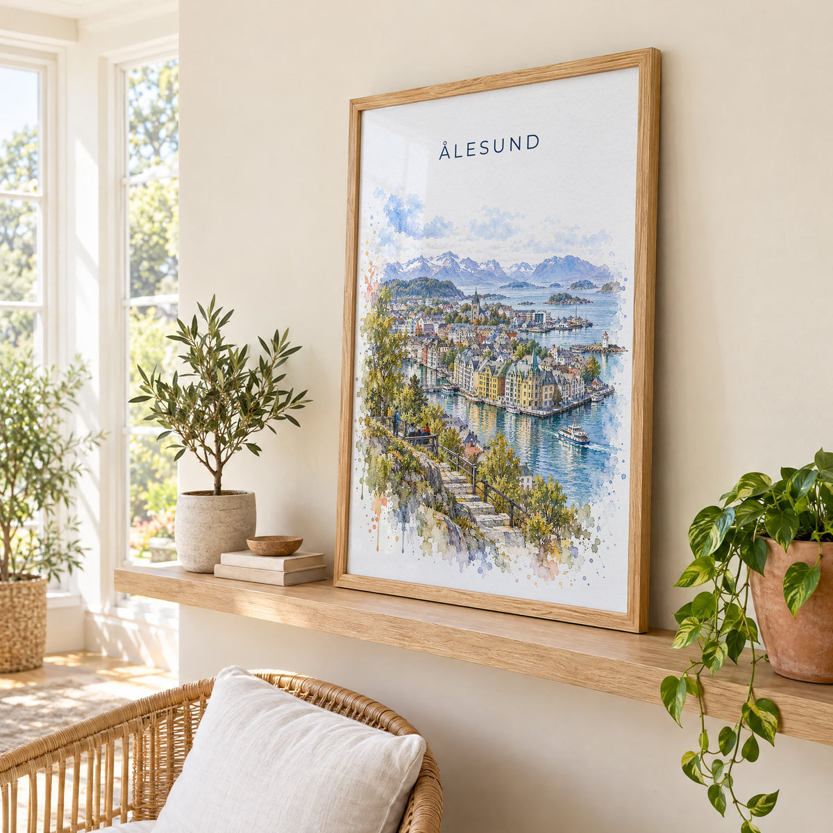 Ålesund watercolor print in an oak frame on a picture ledge in a sunlit sunroom