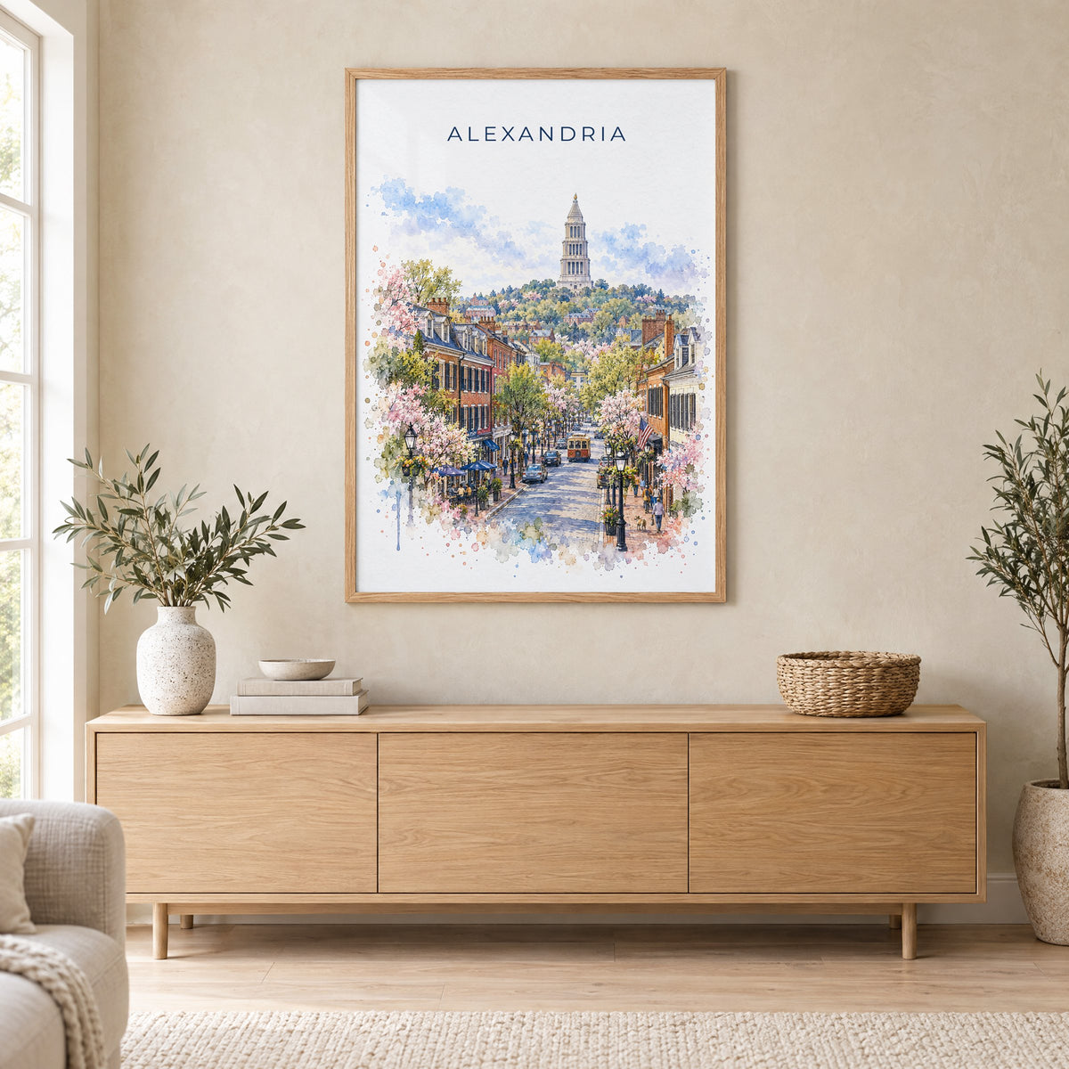 Alexandria watercolor print in an oak frame above a light wood sideboard in a Scandinavian living room