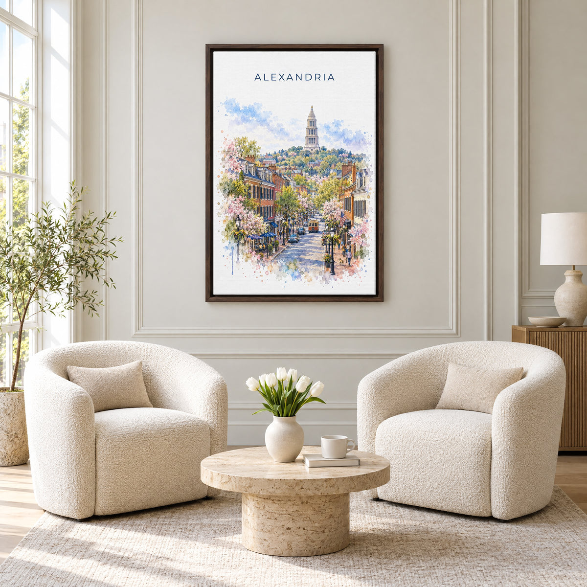 Alexandria watercolor print as an espresso floater canvas above two boucle armchairs in a hotel lounge