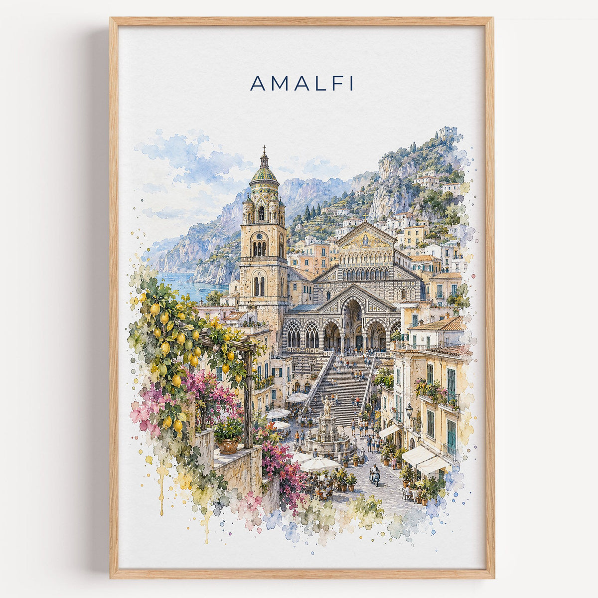 Amalfi watercolor print in a light oak frame on a plain white wall