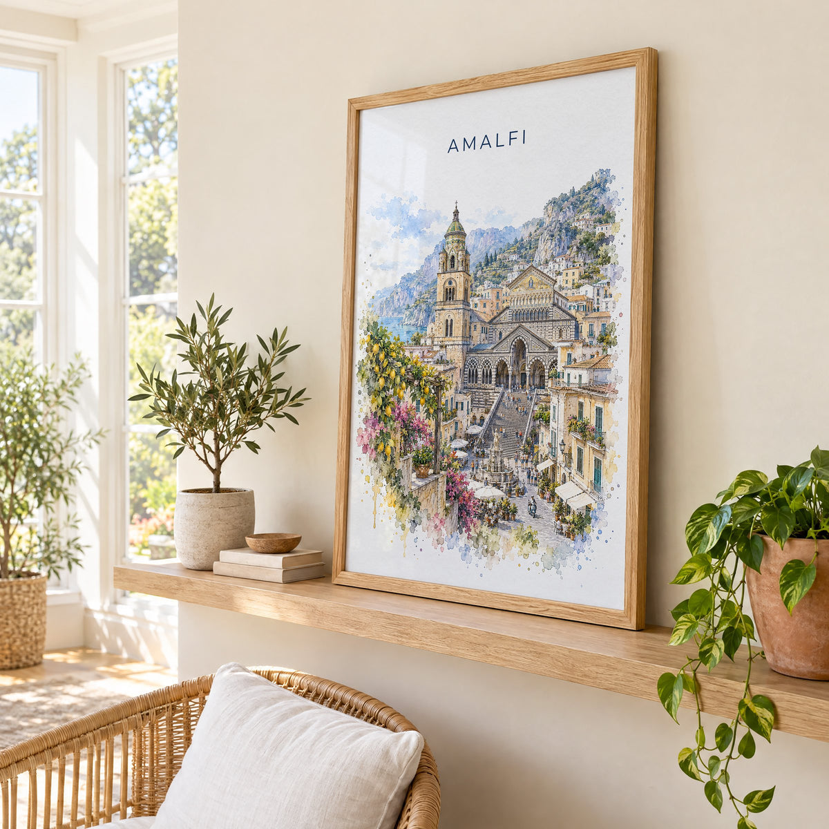Amalfi watercolor print in an oak frame on a picture ledge in a sunlit sunroom
