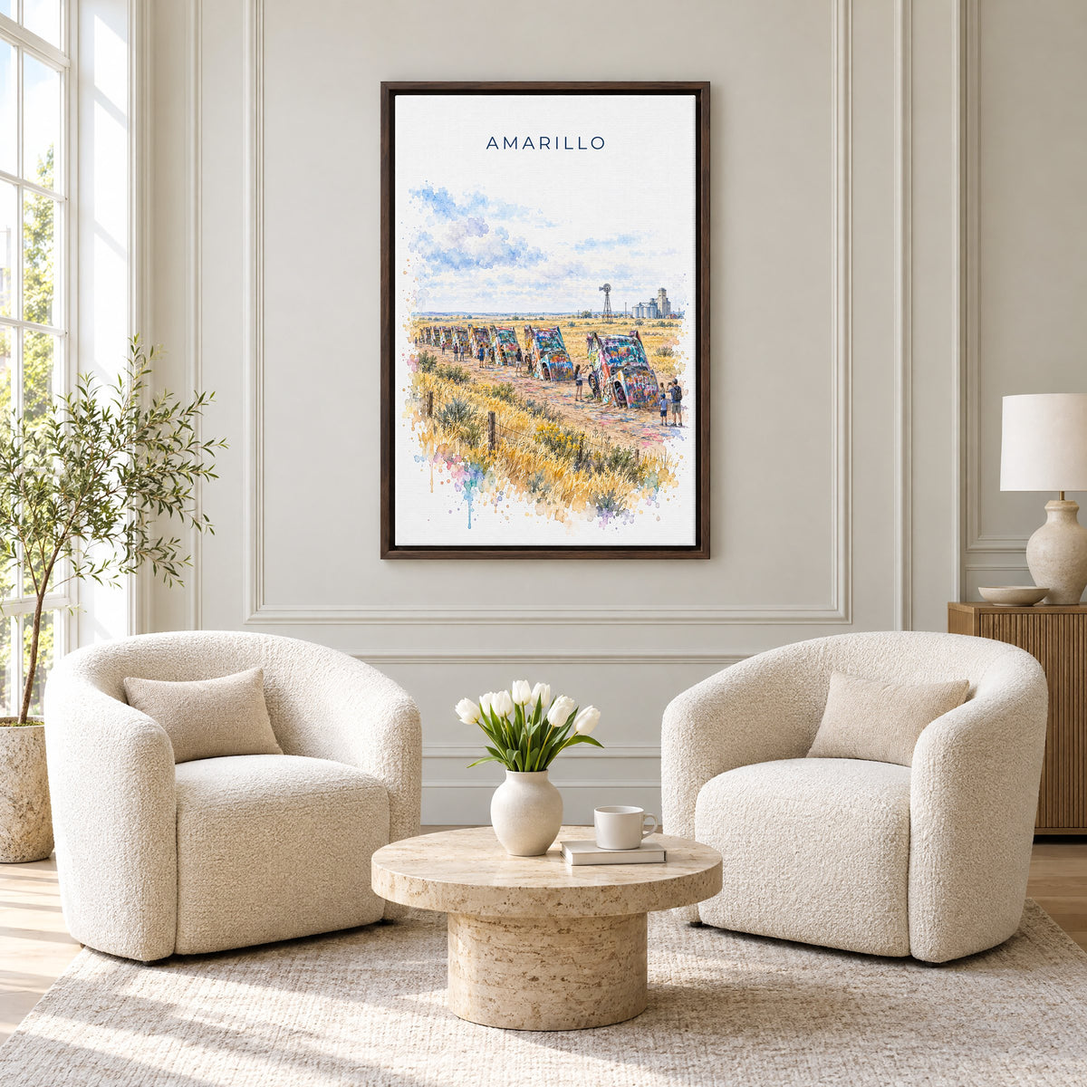 Amarillo watercolor print as an espresso floater canvas above two boucle armchairs in a hotel lounge