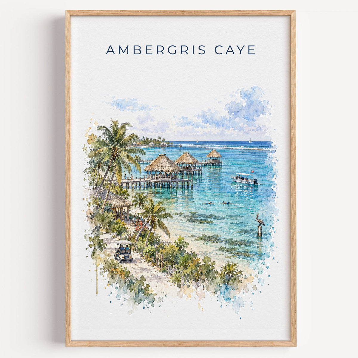 Ambergris Caye watercolor print in a light oak frame on a plain white wall