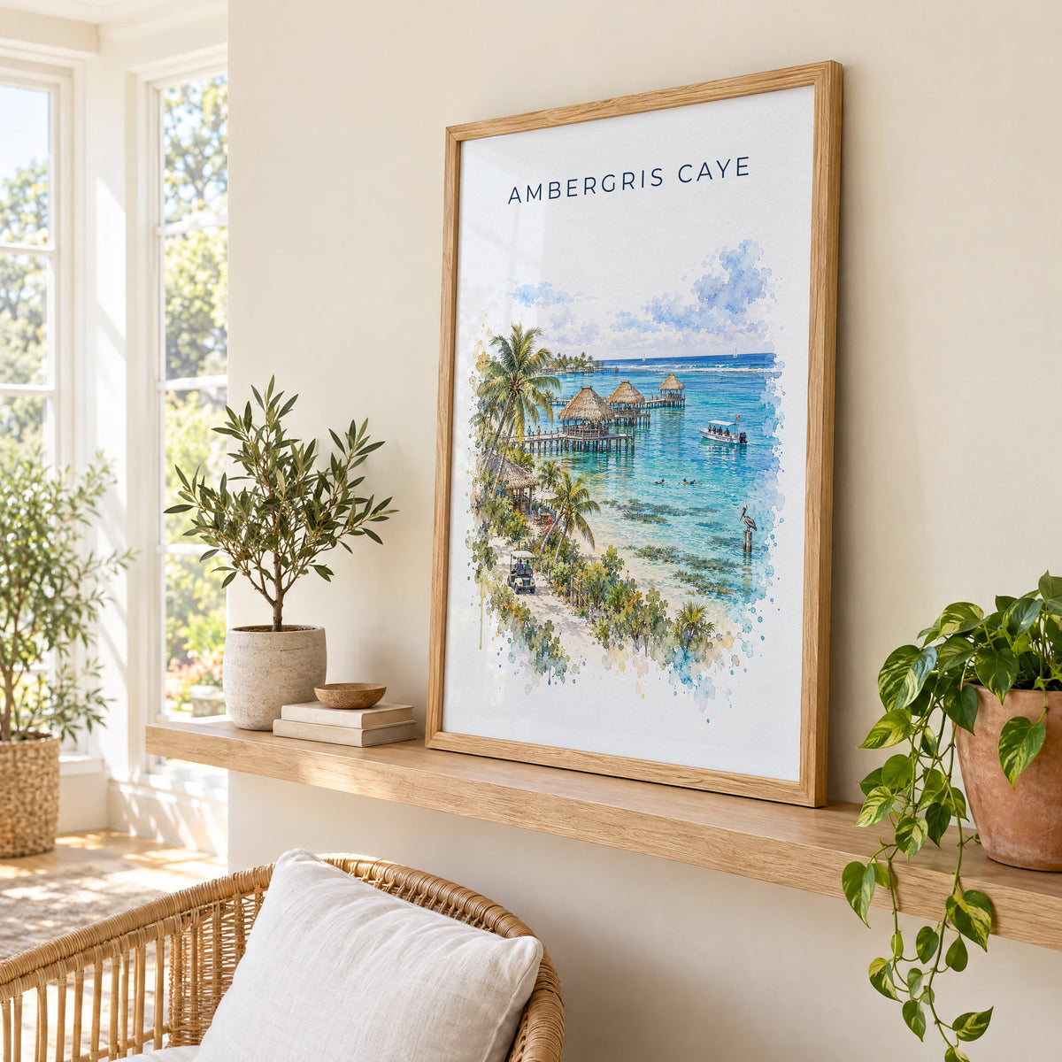 Ambergris Caye watercolor print in an oak frame on a picture ledge in a sunlit sunroom
