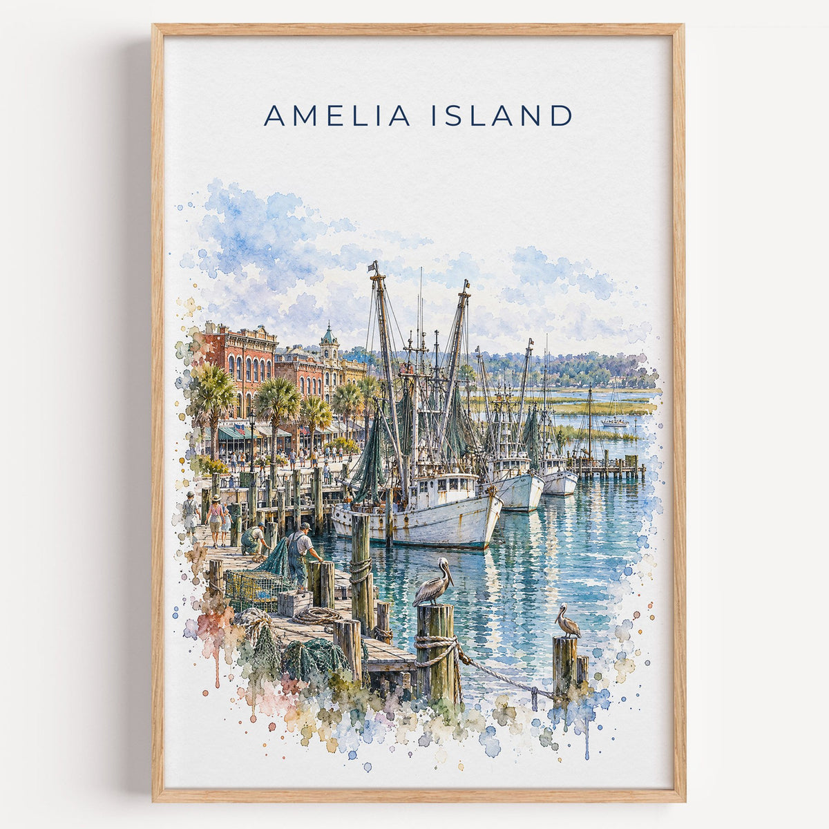 Amelia Island watercolor print in a light oak frame on a plain white wall