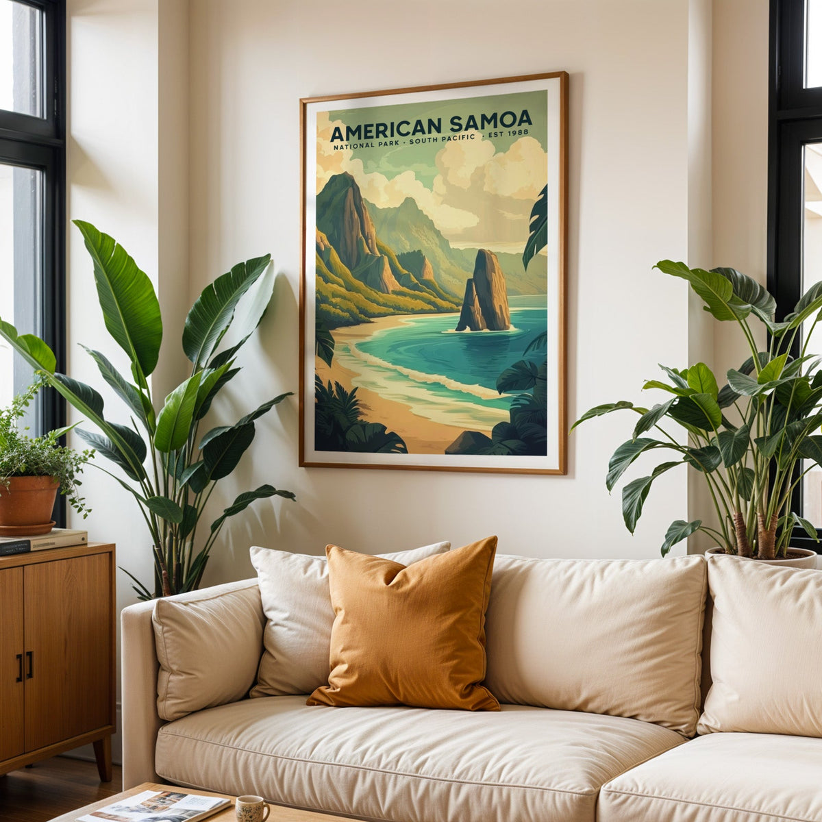 American Samoa National Park print in an oak frame above a cream living room sofa
