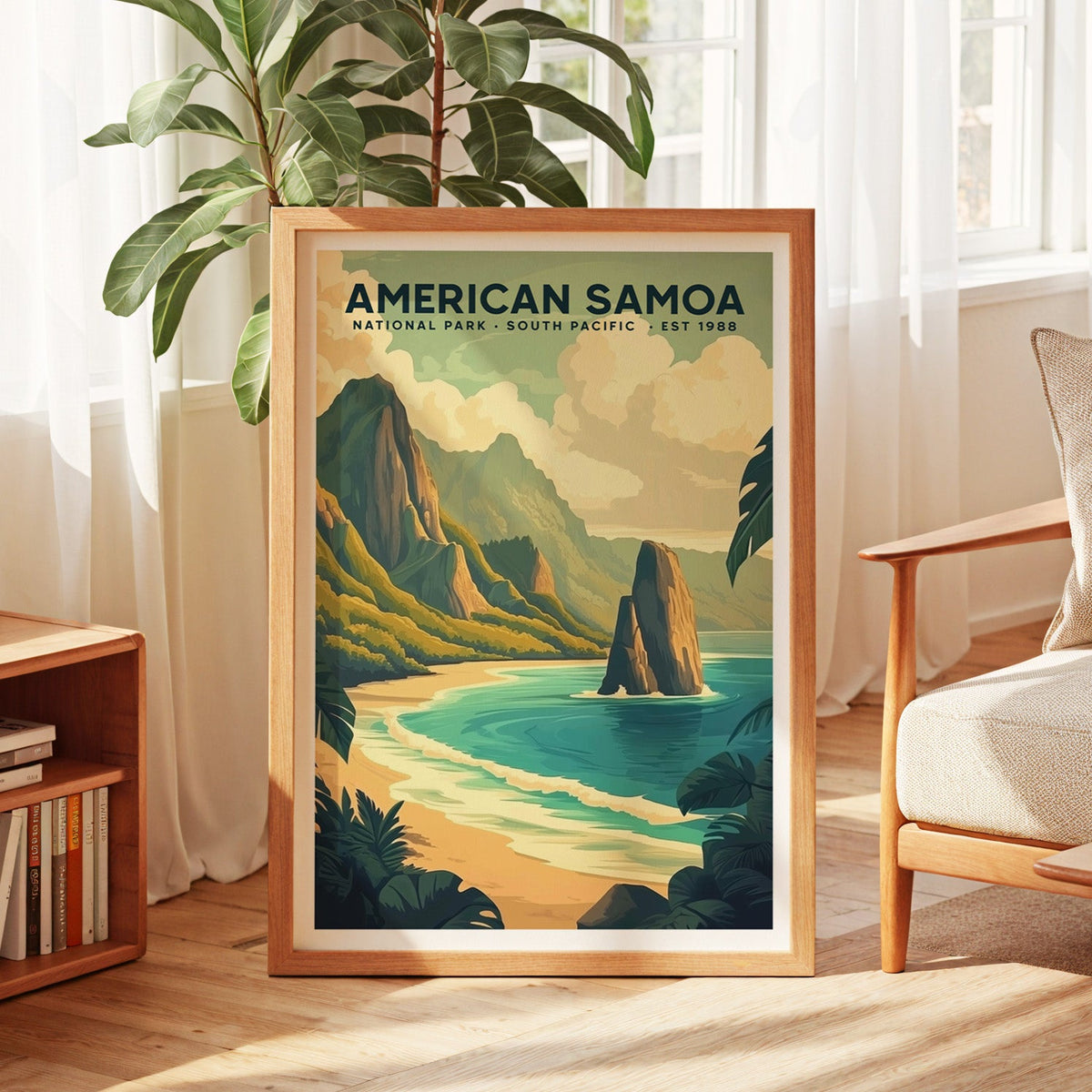 American Samoa National Park print in an oak frame by a sunlit window with sheer curtains