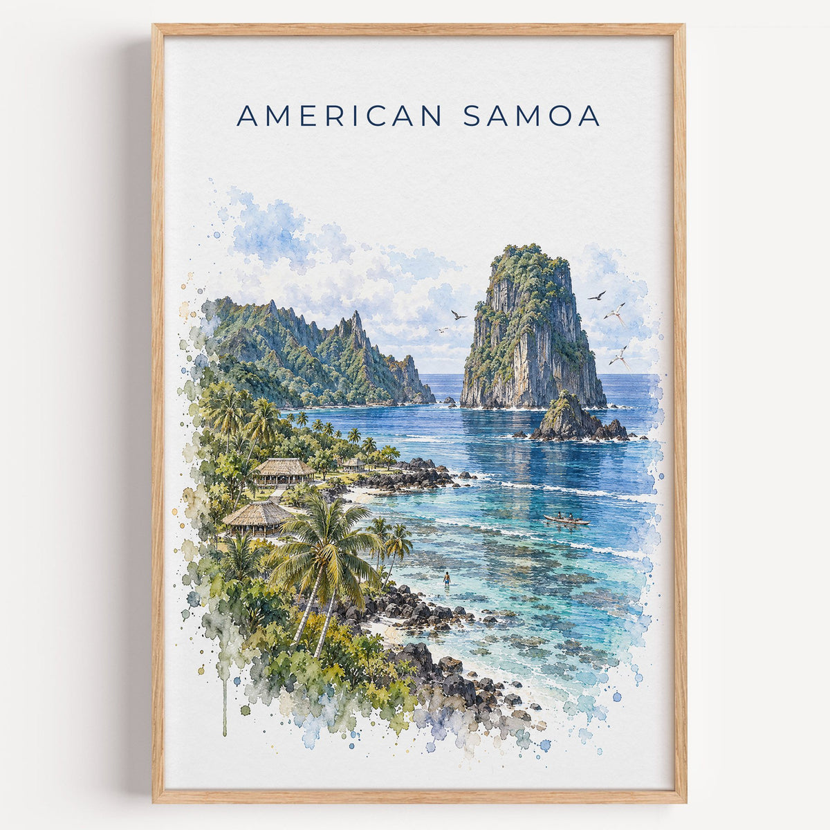 American Samoa National Park watercolor print in a light oak frame on a plain white wall