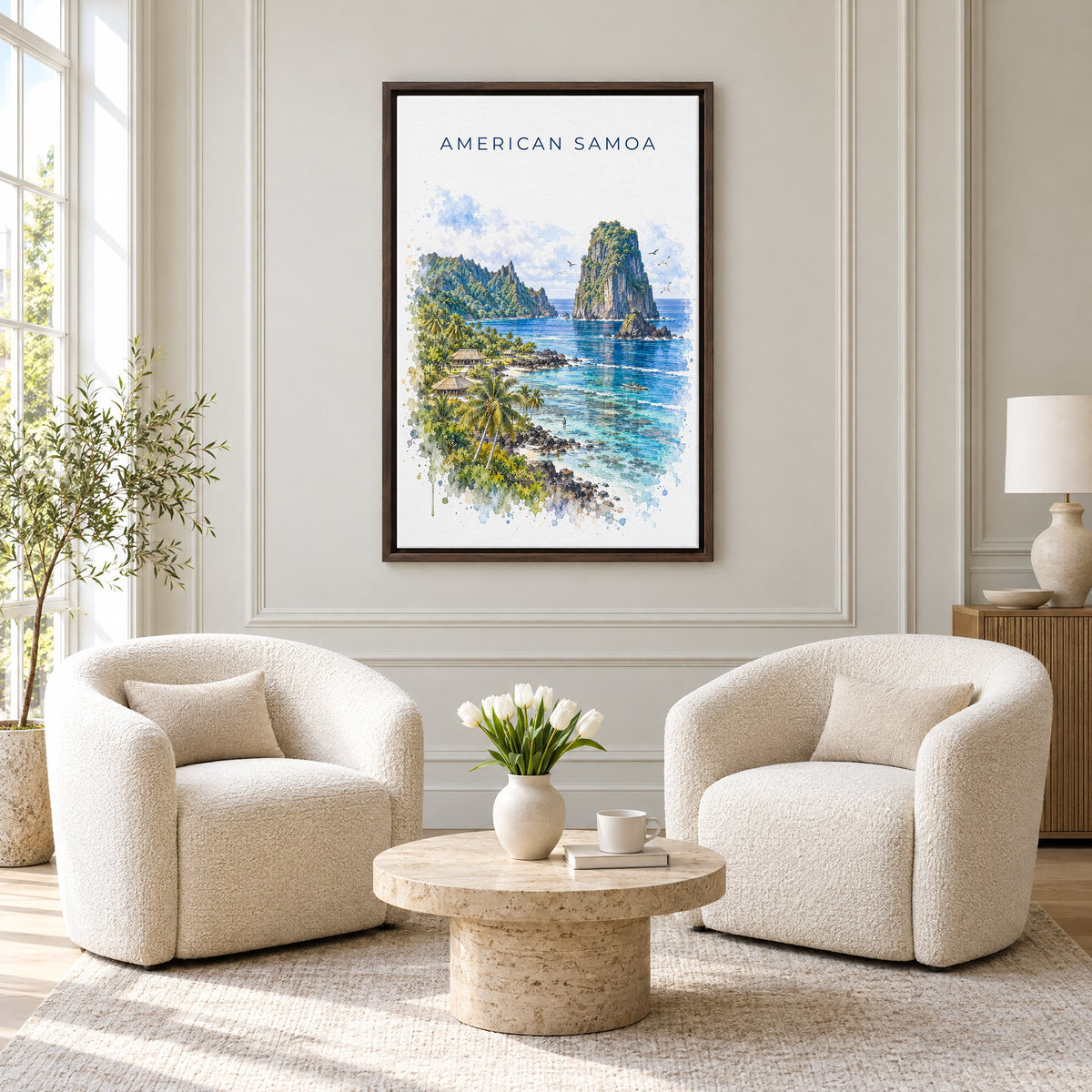 American Samoa National Park watercolor print as an espresso floater canvas above two boucle armchairs in a hotel lounge