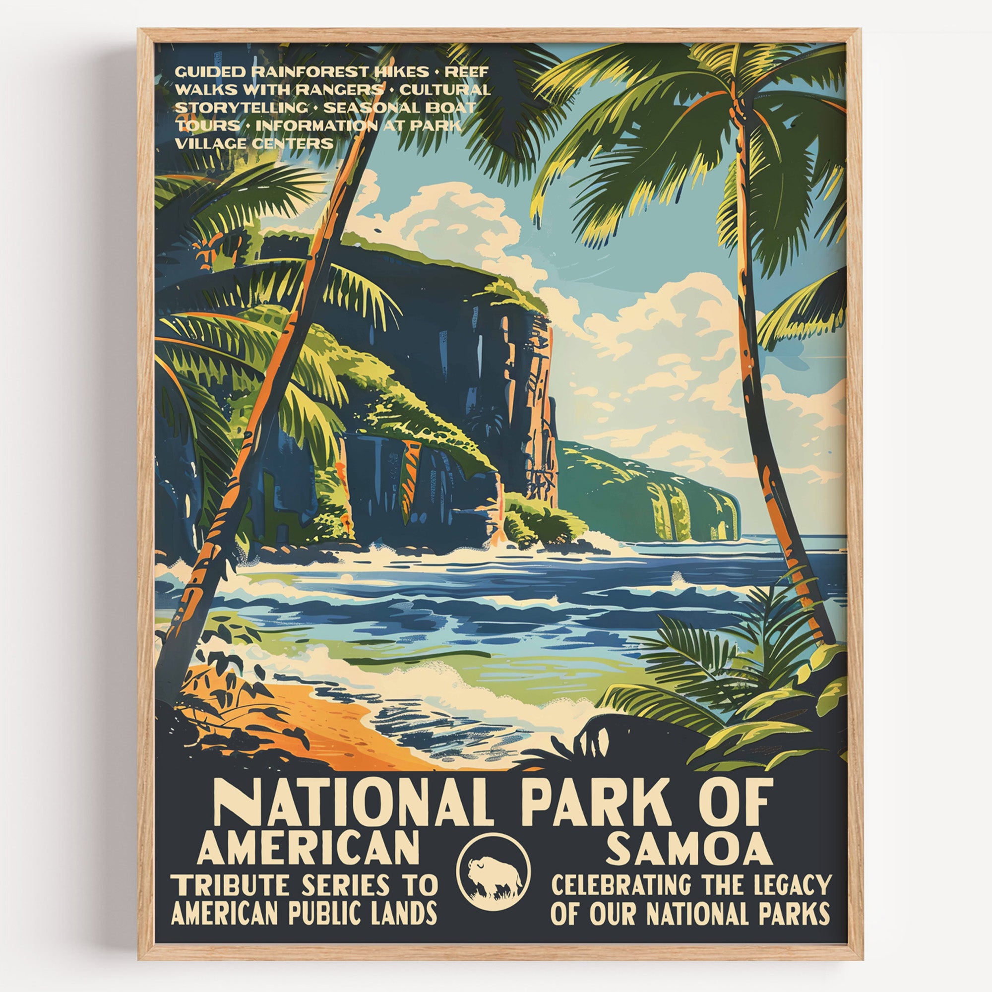 American Samoa National Park wall art print in a thin wood frame, palms and jungle cliffs leaning over a turquoise Pacific