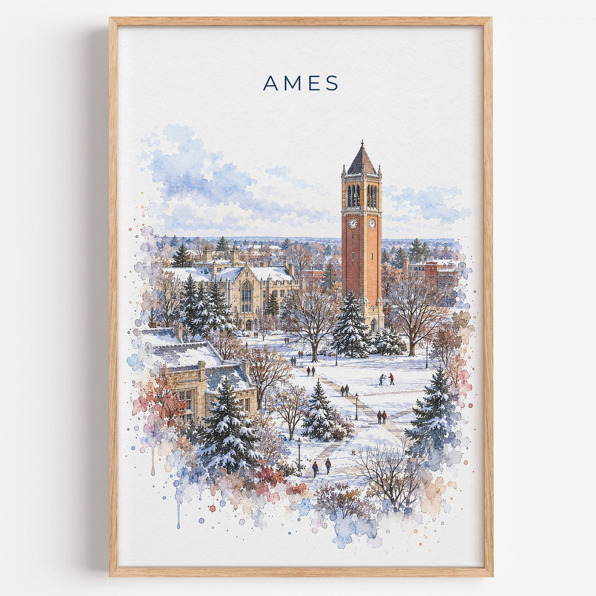 Ames, Iowa watercolor print in a light oak frame on a plain white wall