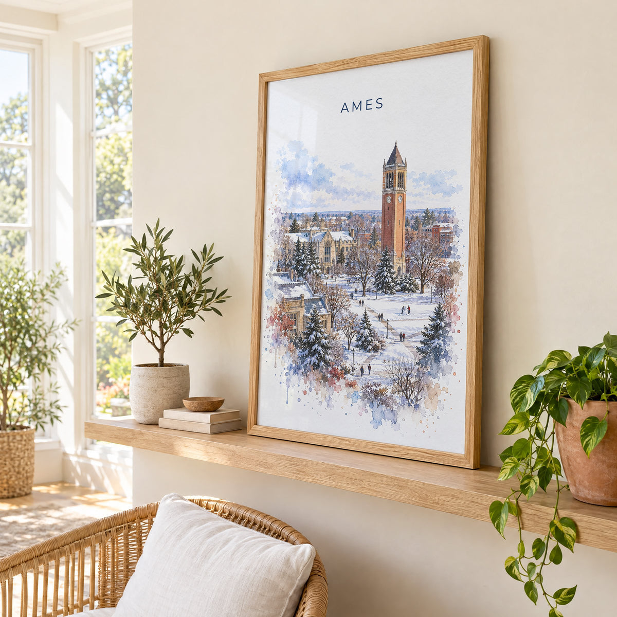 Ames, Iowa watercolor print in an oak frame on a picture ledge in a sunlit sunroom