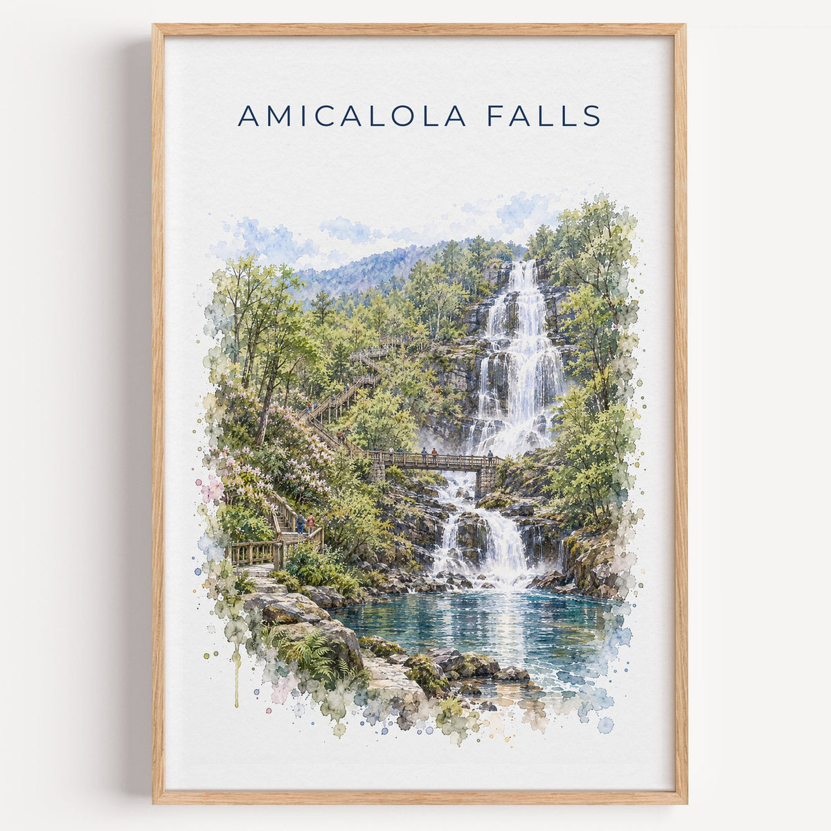 Amicalola Falls State Park watercolor print in a light oak frame on a plain white wall