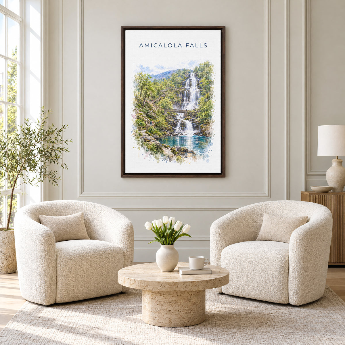 Amicalola Falls State Park watercolor print as an espresso floater canvas above two boucle armchairs in a hotel lounge