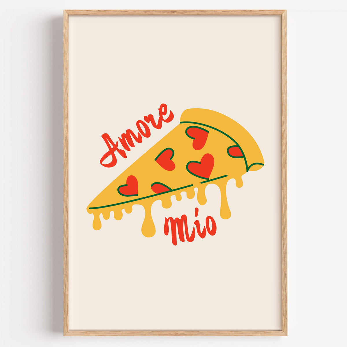 Amore Mio heart pizza slice print in a light oak frame on a plain white wall
