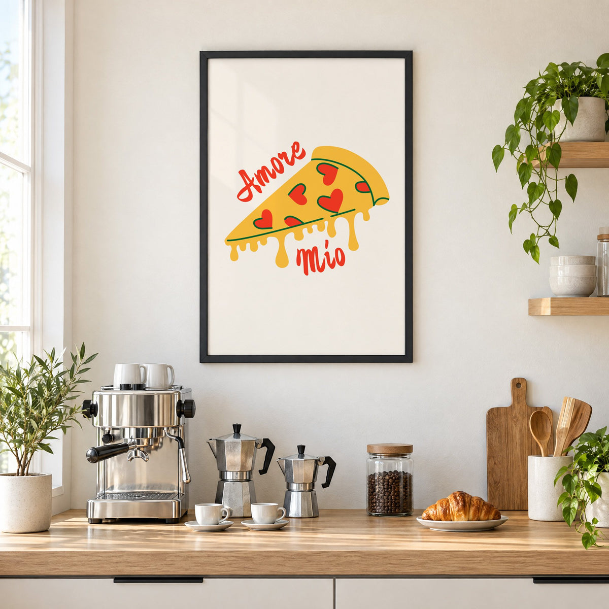 Amore Mio heart pizza slice print in a black frame above a home espresso bar with moka pots and espresso cups