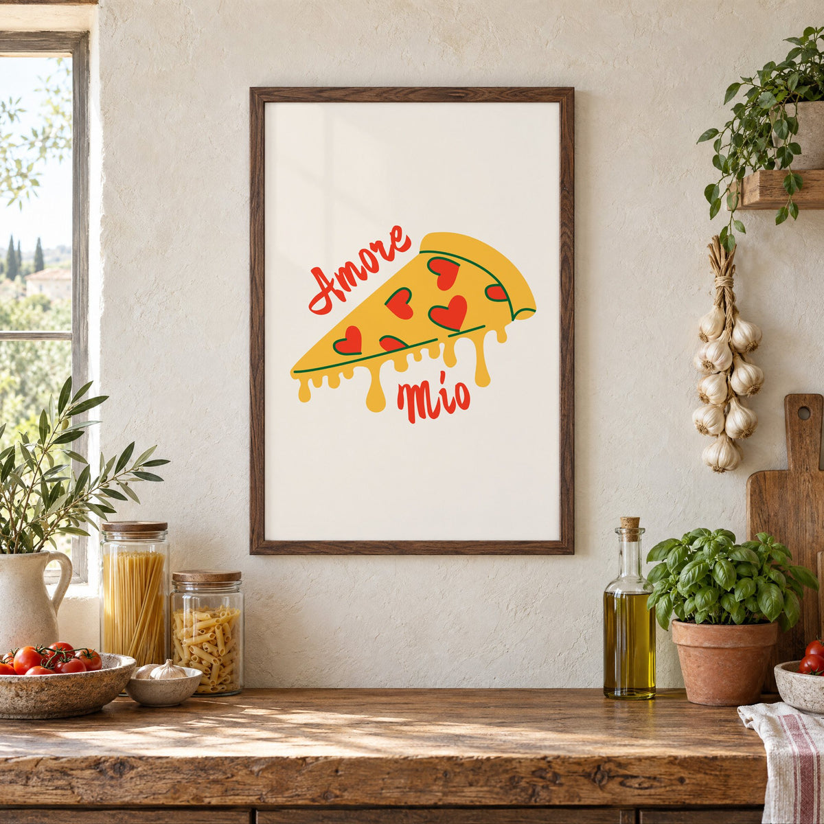 Amore Mio heart pizza slice print in a walnut frame above a rustic Italian pantry counter with pasta jars, garlic and tomatoes