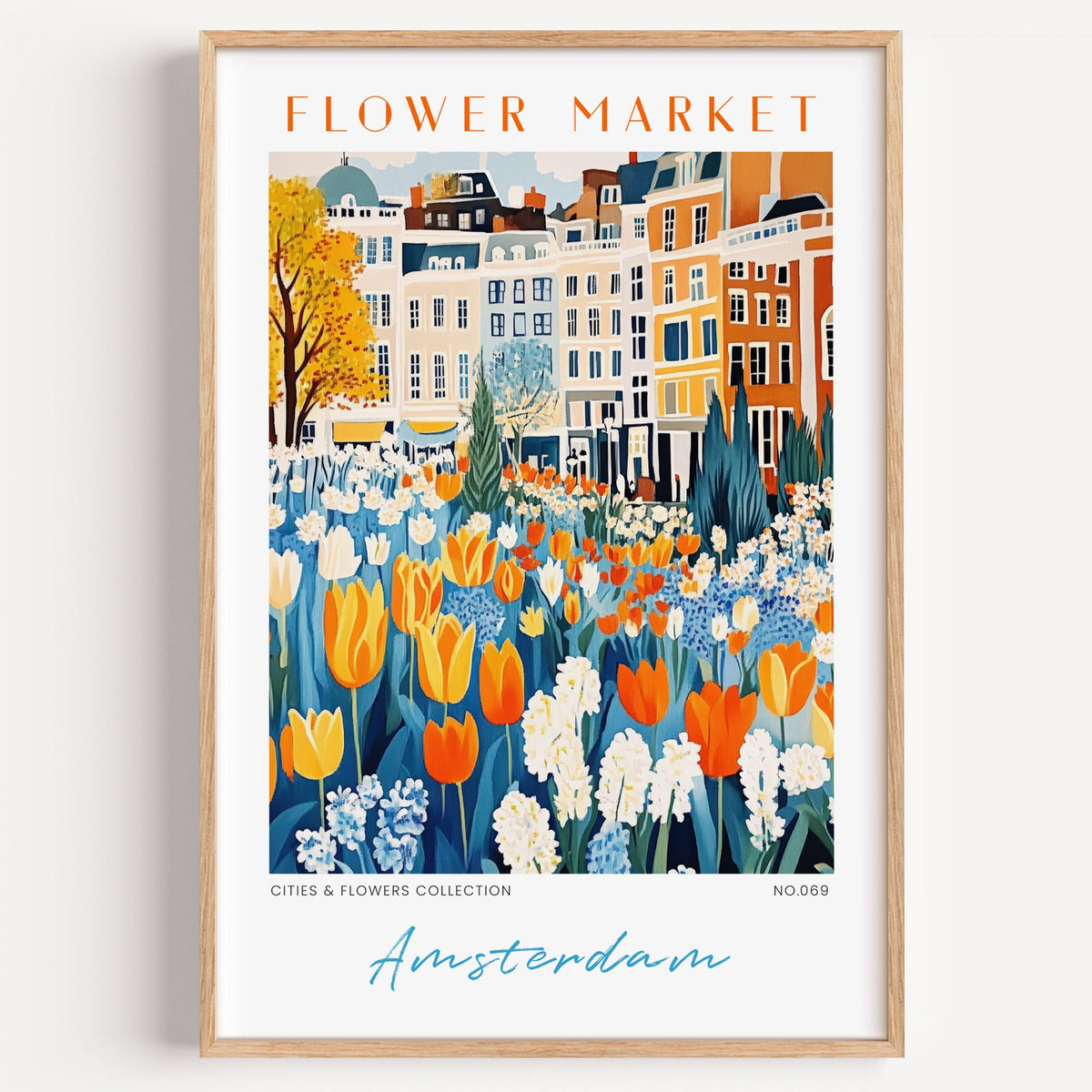 Amsterdam flower market print in a light oak frame on a plain white wall