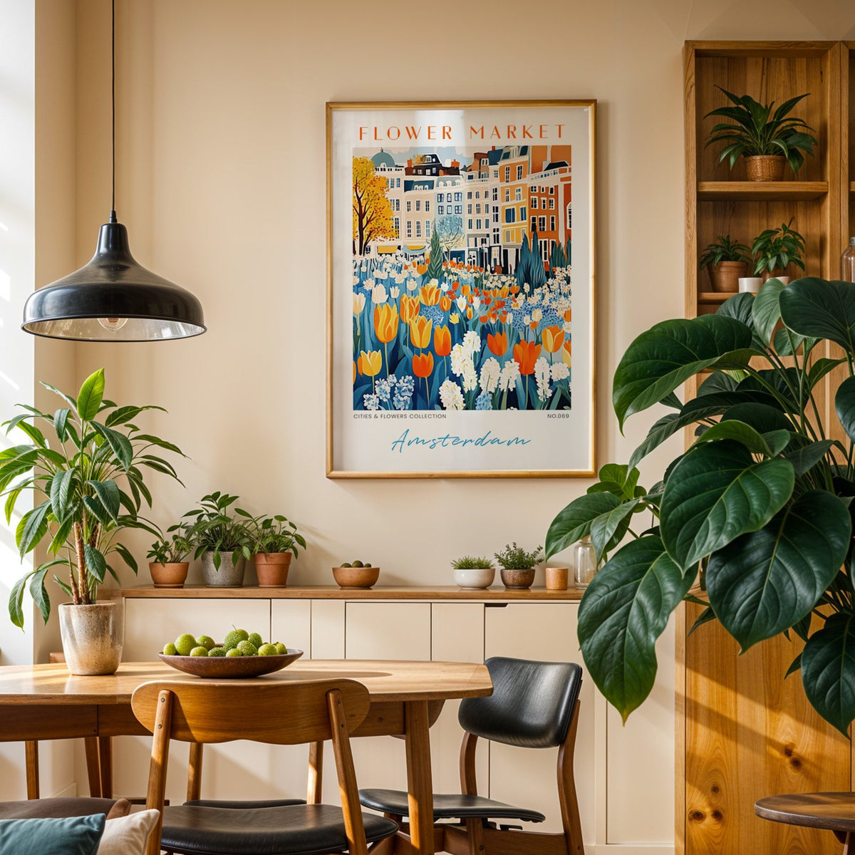 Amsterdam flower market print in an oak frame above a dining sideboard lined with potted plants