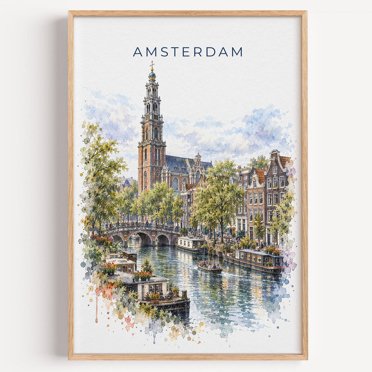 Amsterdam watercolor print in a light oak frame on a plain white wall