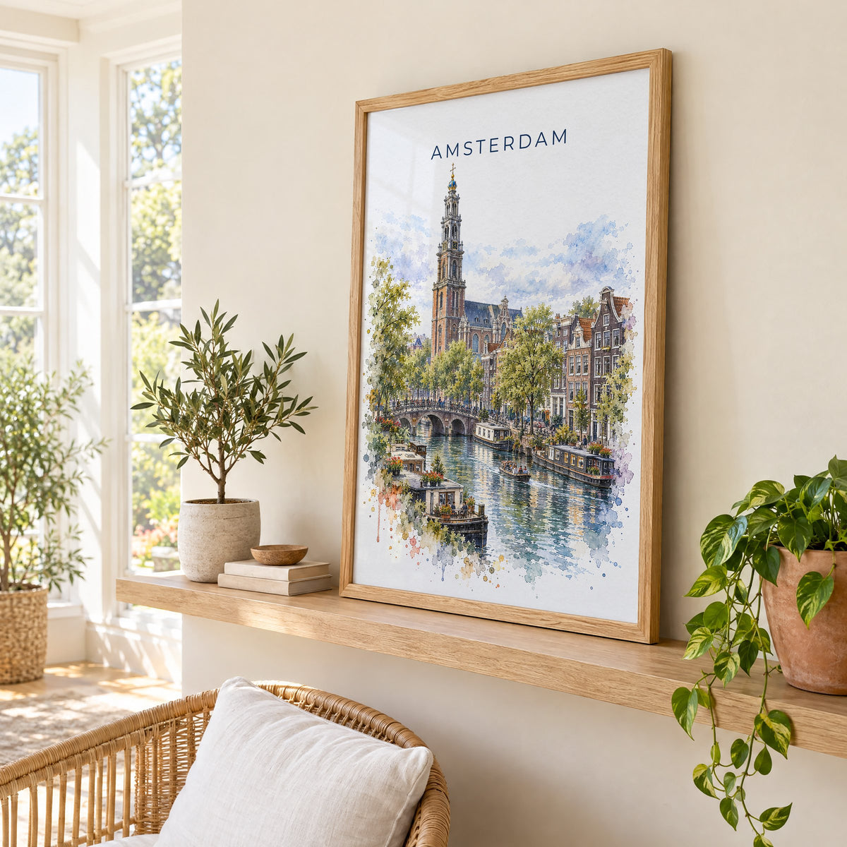 Amsterdam watercolor print in an oak frame on a picture ledge in a sunlit sunroom