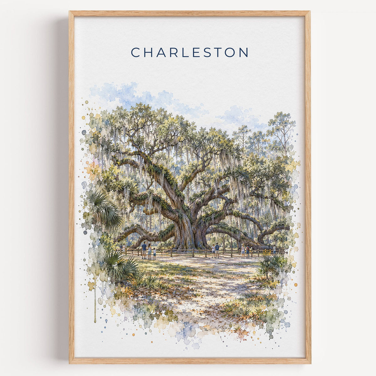 Angel Oak Charleston watercolor print in a light oak frame on a plain white wall
