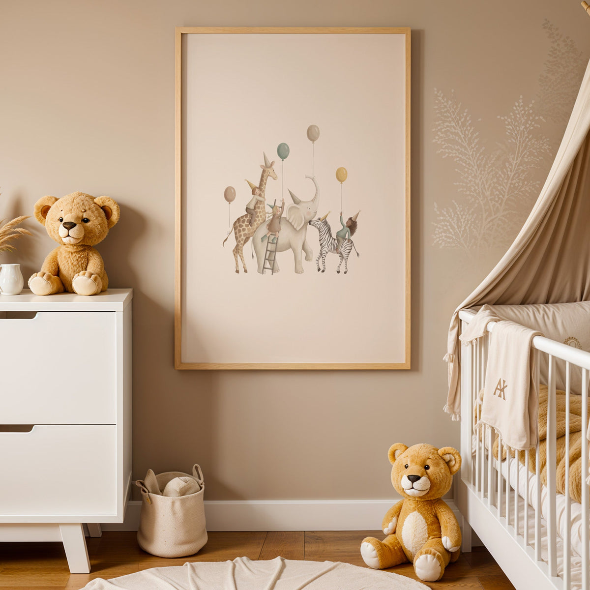 Animal birthday parade with balloons nursery print in an oak frame between a white dresser and a canopy crib