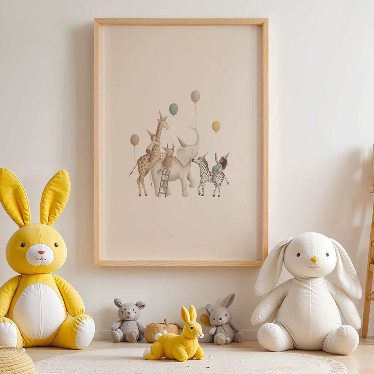 Animal birthday parade with balloons nursery print in an oak frame above yellow and white plush bunnies