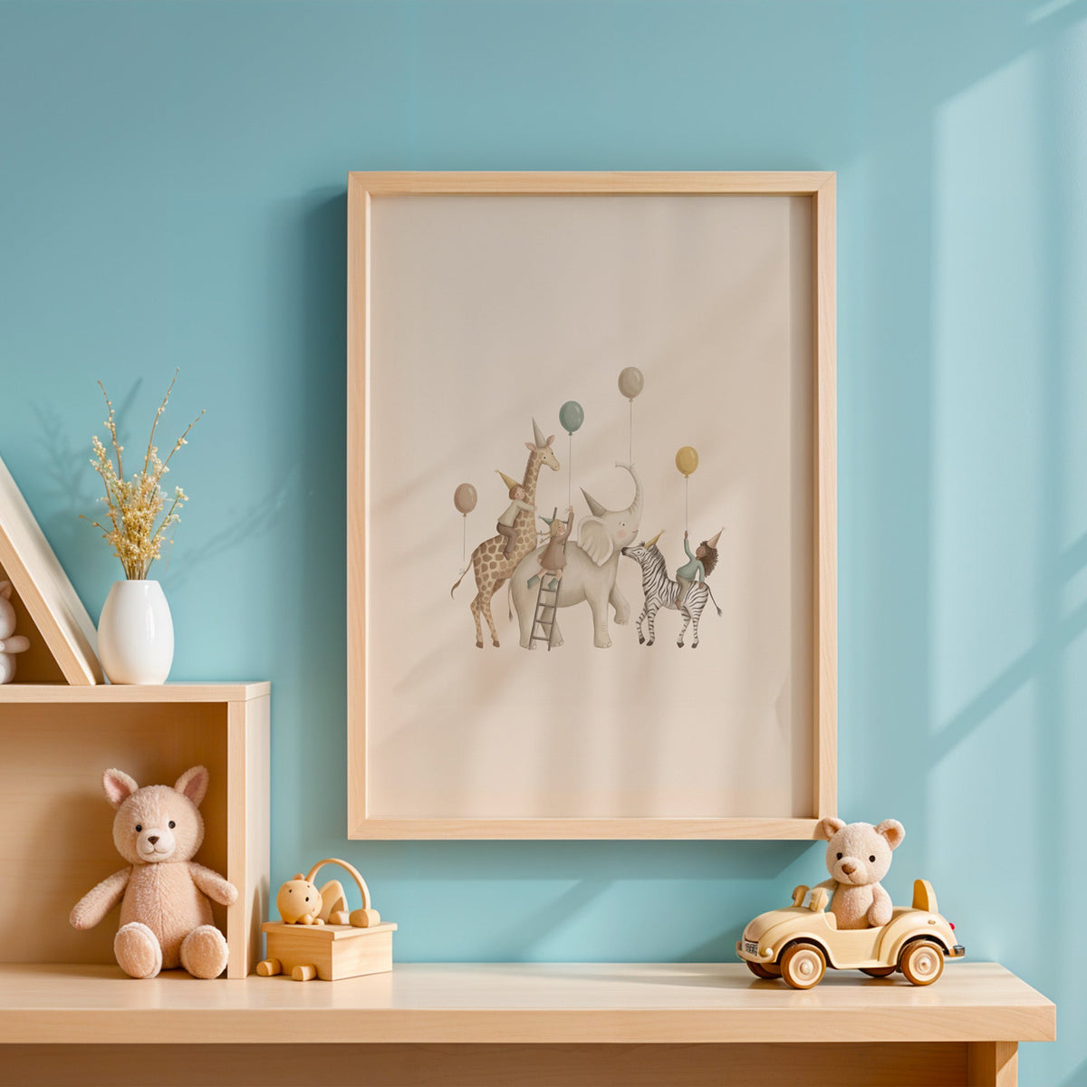 Animal birthday parade with balloons nursery print in an oak frame on a blue wall above a shelf of wooden toys
