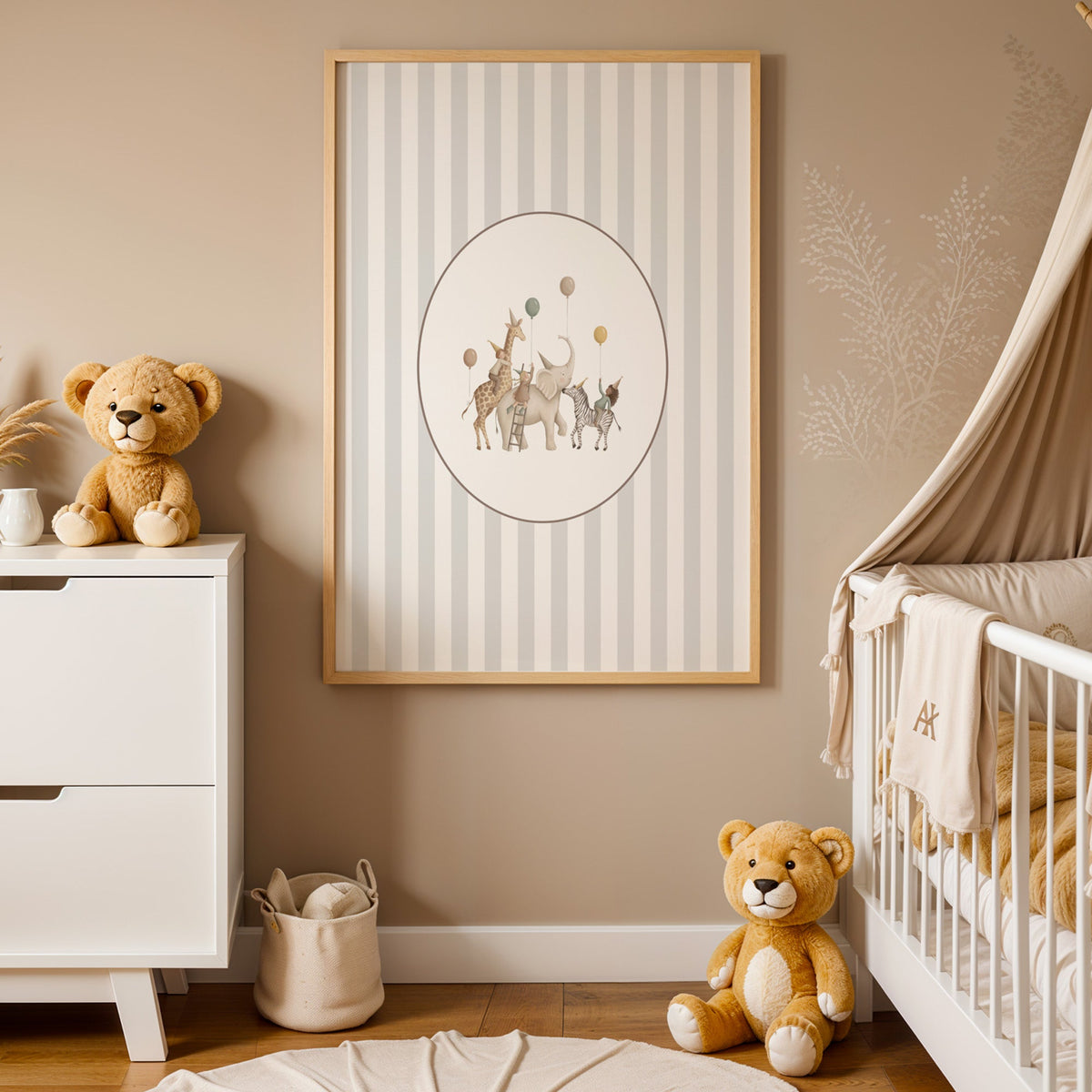 Animal birthday parade in an oval on stripes nursery print in an oak frame between a white dresser and a canopy crib