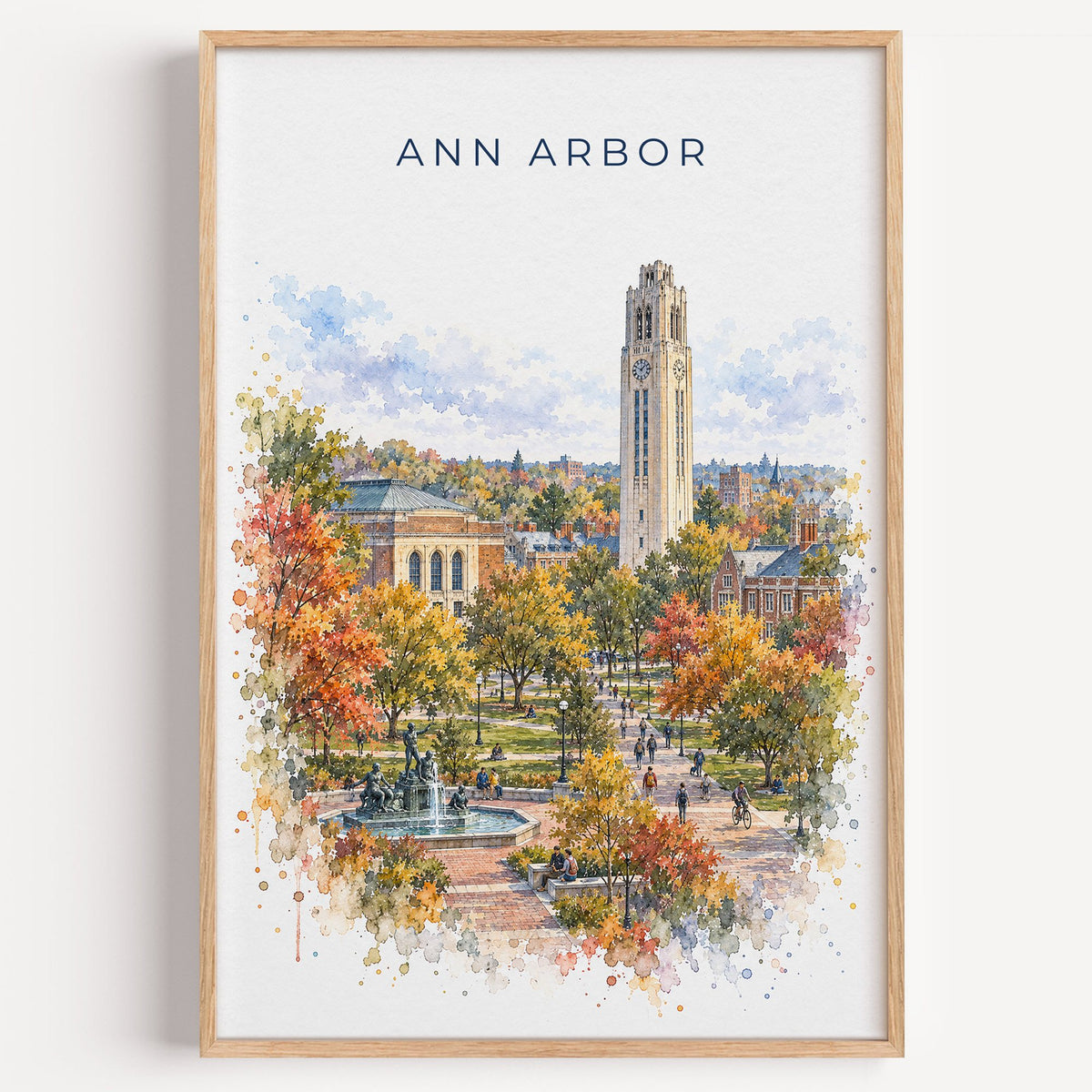 Ann Arbor watercolor print in a light oak frame on a plain white wall