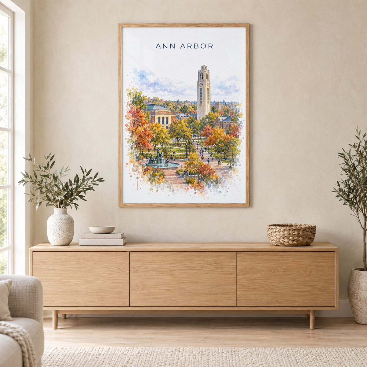 Ann Arbor watercolor print in an oak frame above a light wood sideboard in a Scandinavian living room
