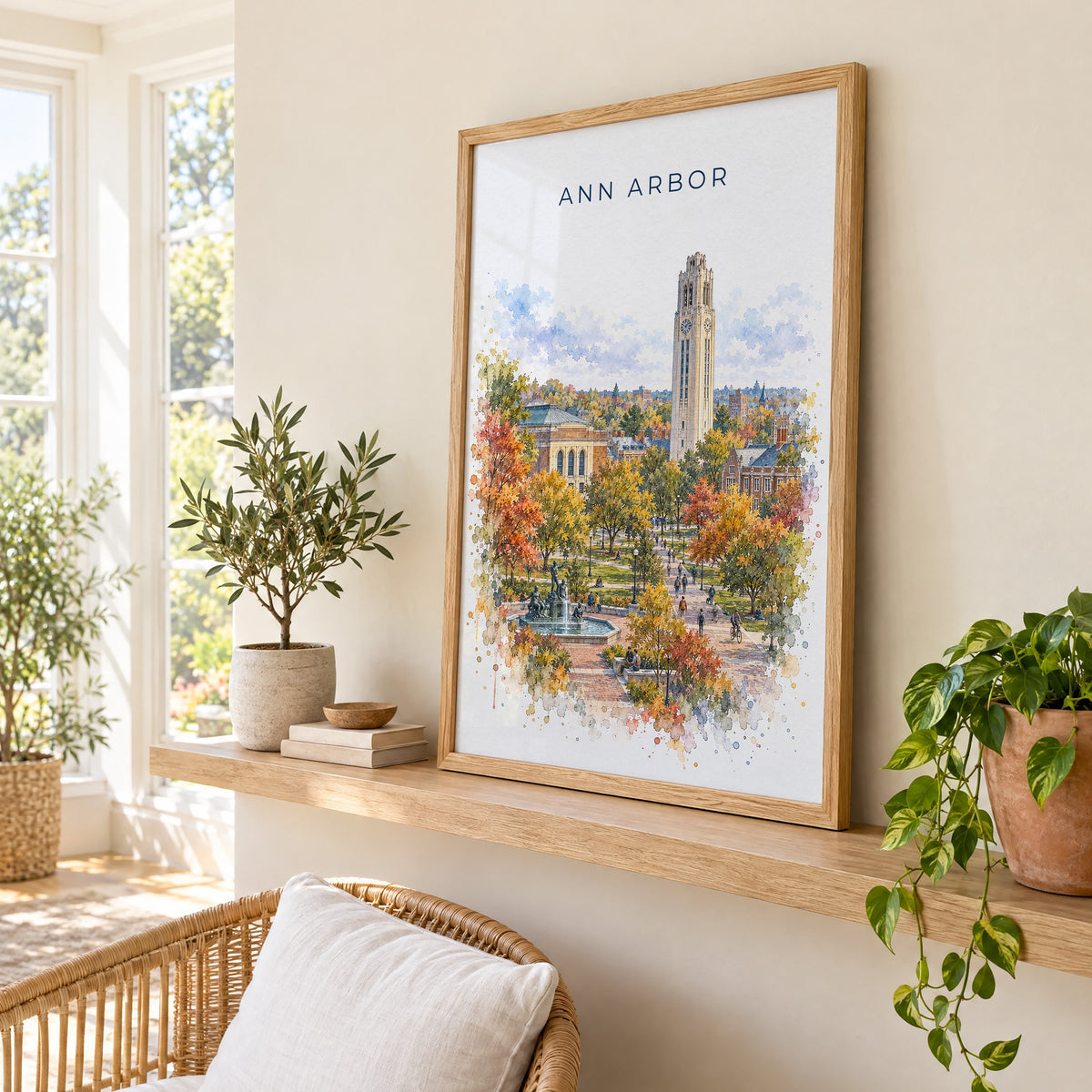 Ann Arbor watercolor print in an oak frame on a picture ledge in a sunlit sunroom