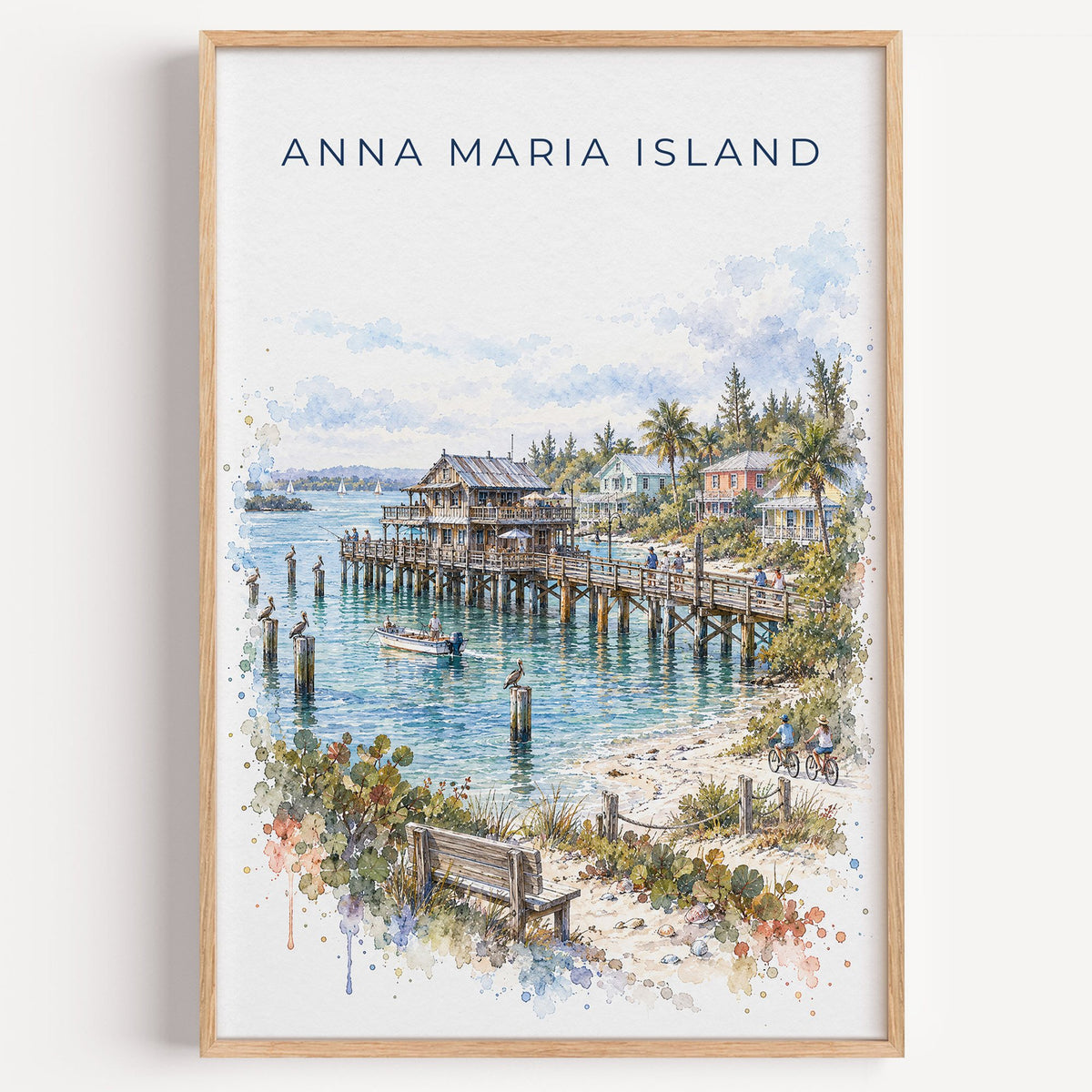 Anna Maria Island watercolor print in a light oak frame on a plain white wall
