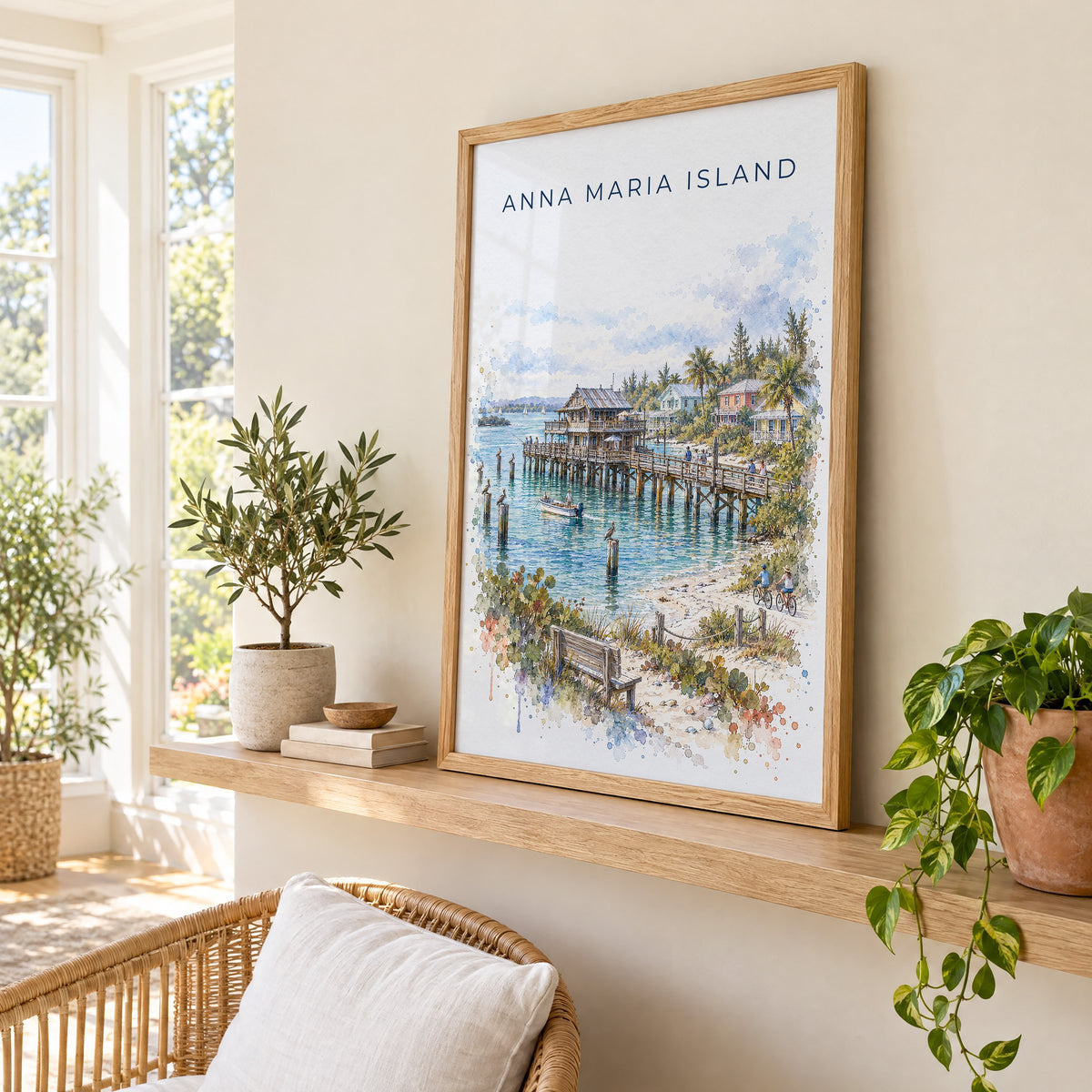 Anna Maria Island watercolor print in an oak frame on a picture ledge in a sunlit sunroom