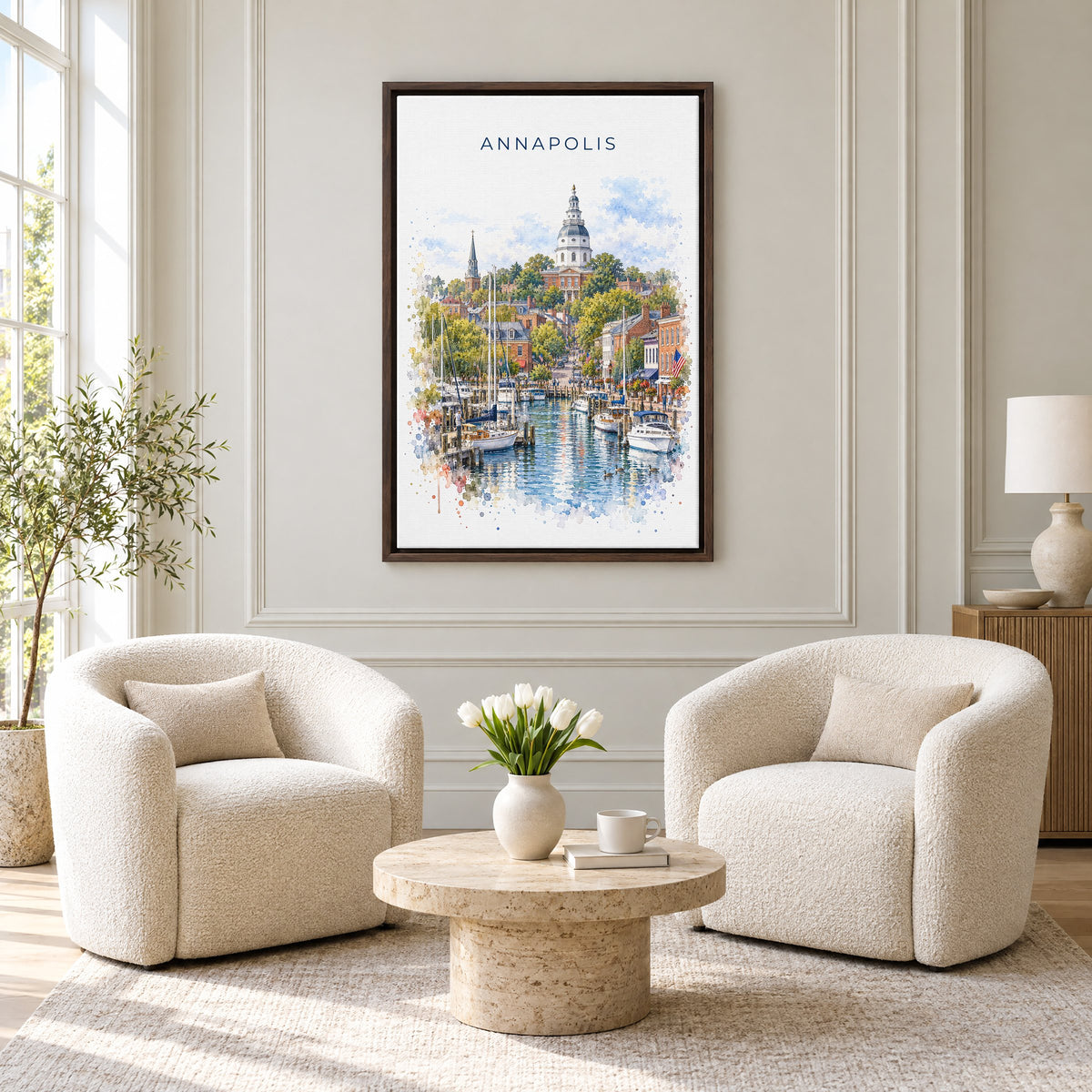 Annapolis watercolor print as an espresso floater canvas above two boucle armchairs in a hotel lounge