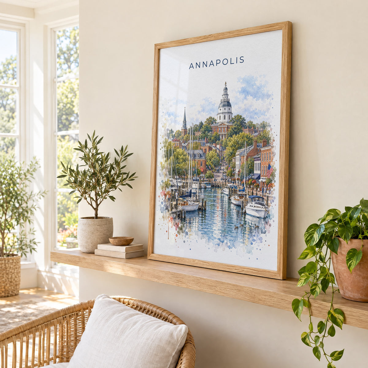 Annapolis watercolor print in an oak frame on a picture ledge in a sunlit sunroom