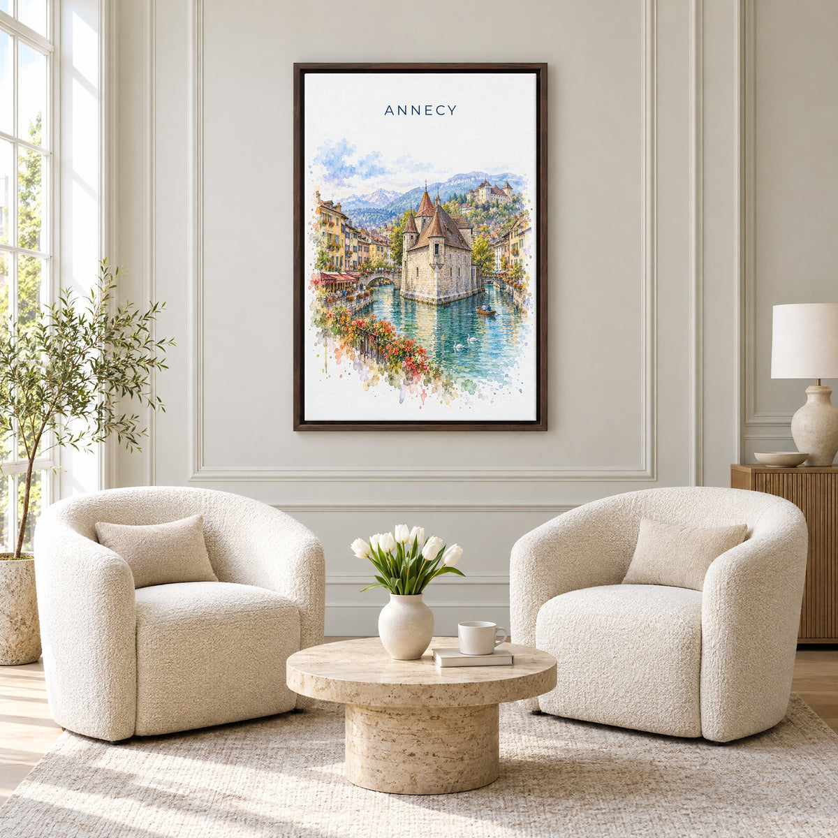 Annecy watercolor print as an espresso floater canvas above two boucle armchairs in a hotel lounge