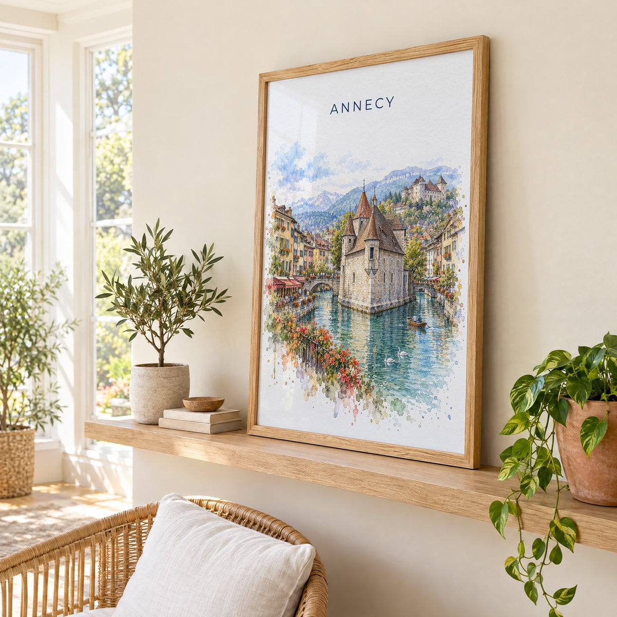 Annecy watercolor print in an oak frame on a picture ledge in a sunlit sunroom