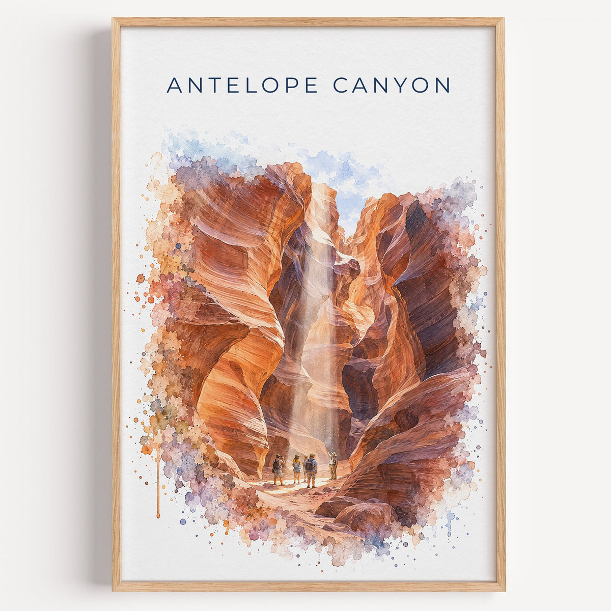 Antelope Canyon watercolor print in a light oak frame on a plain white wall