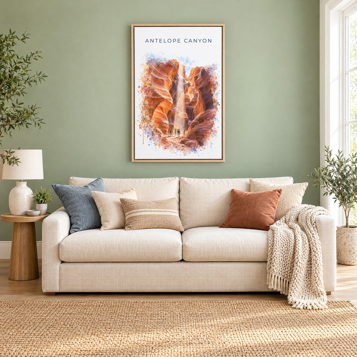 Antelope Canyon watercolor print as a natural floater canvas above a cream linen sofa on a sage green wall