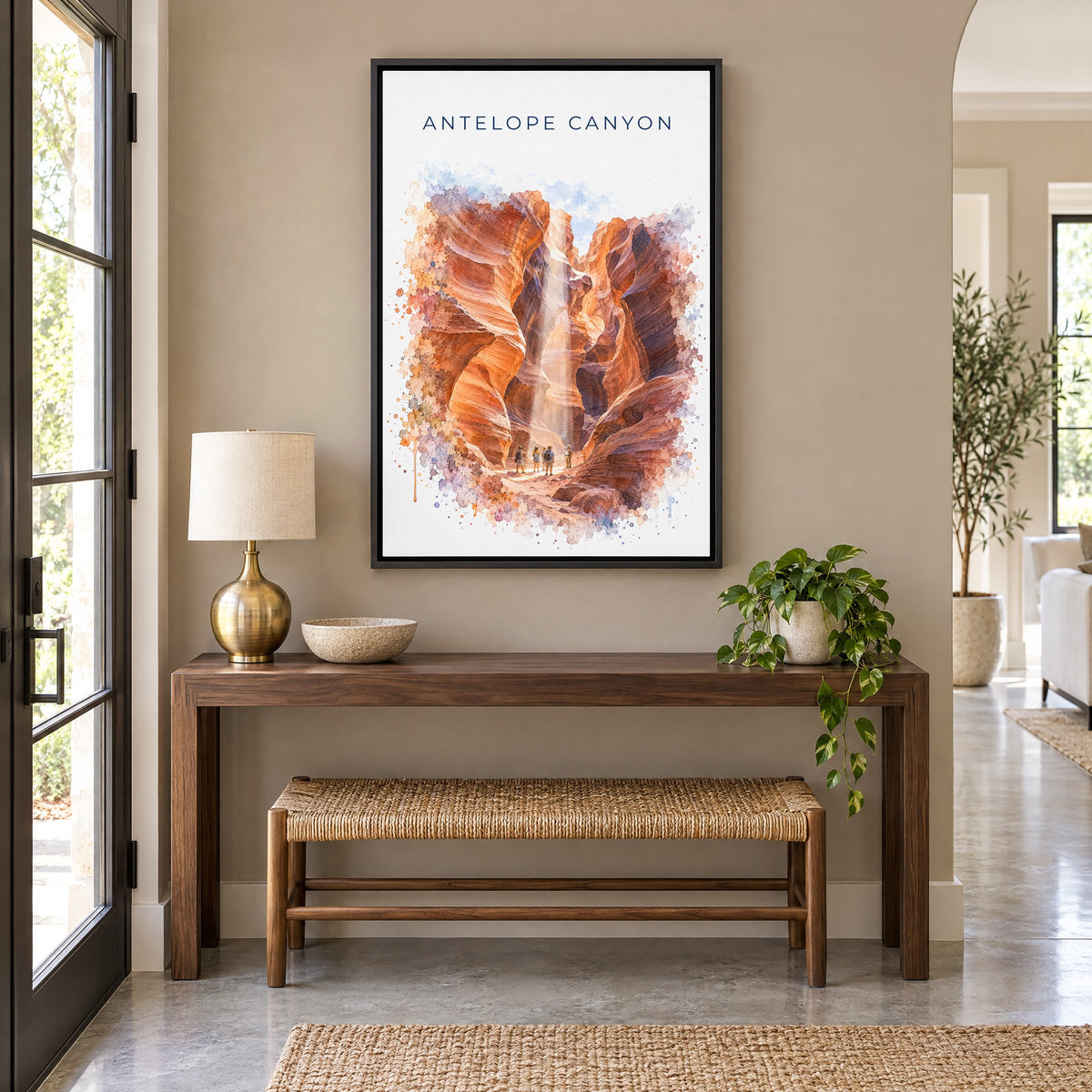 Antelope Canyon watercolor print as a black floater canvas above a walnut console and woven bench in an entryway