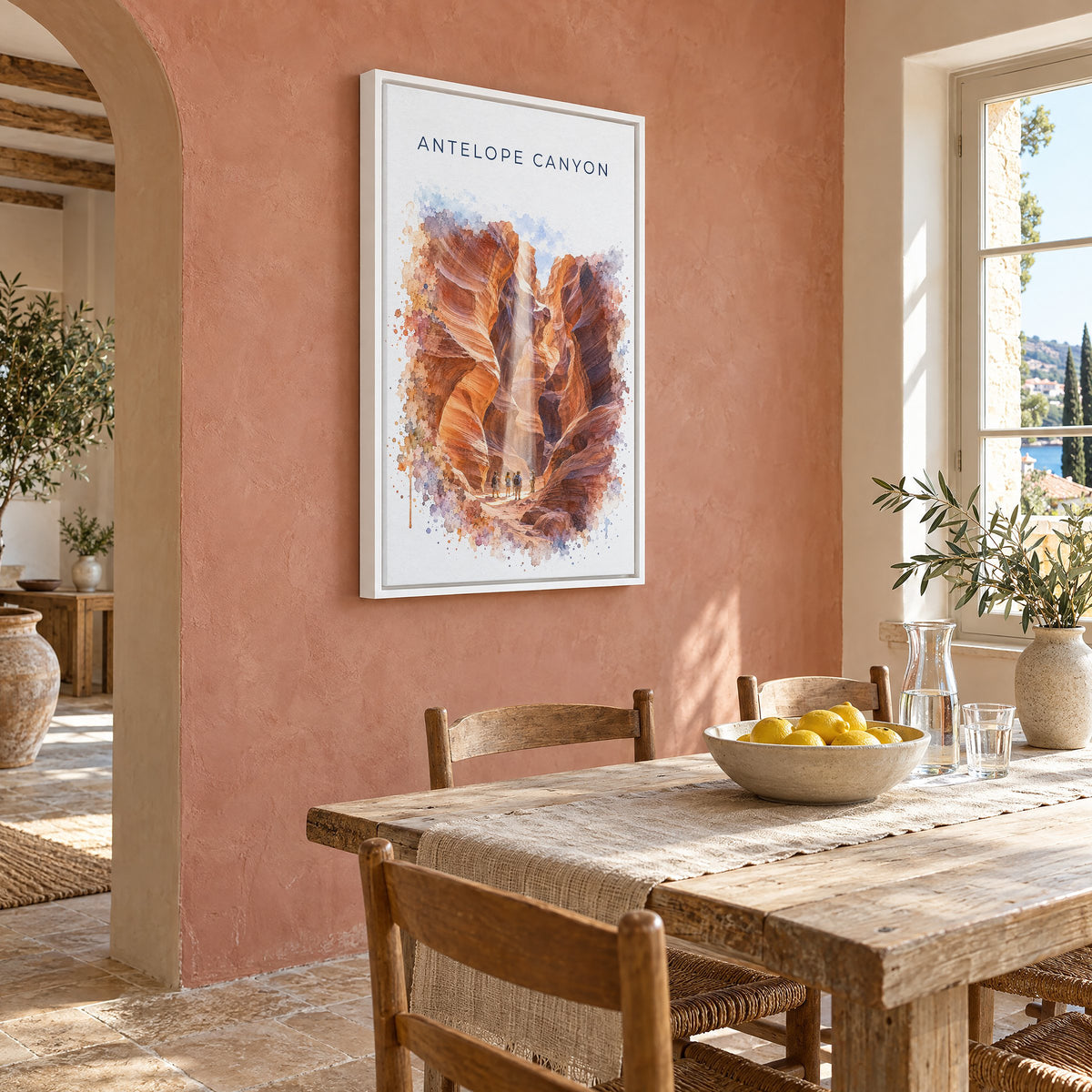 Antelope Canyon watercolor print as a white floater canvas on a terracotta wall above a rustic dining table
