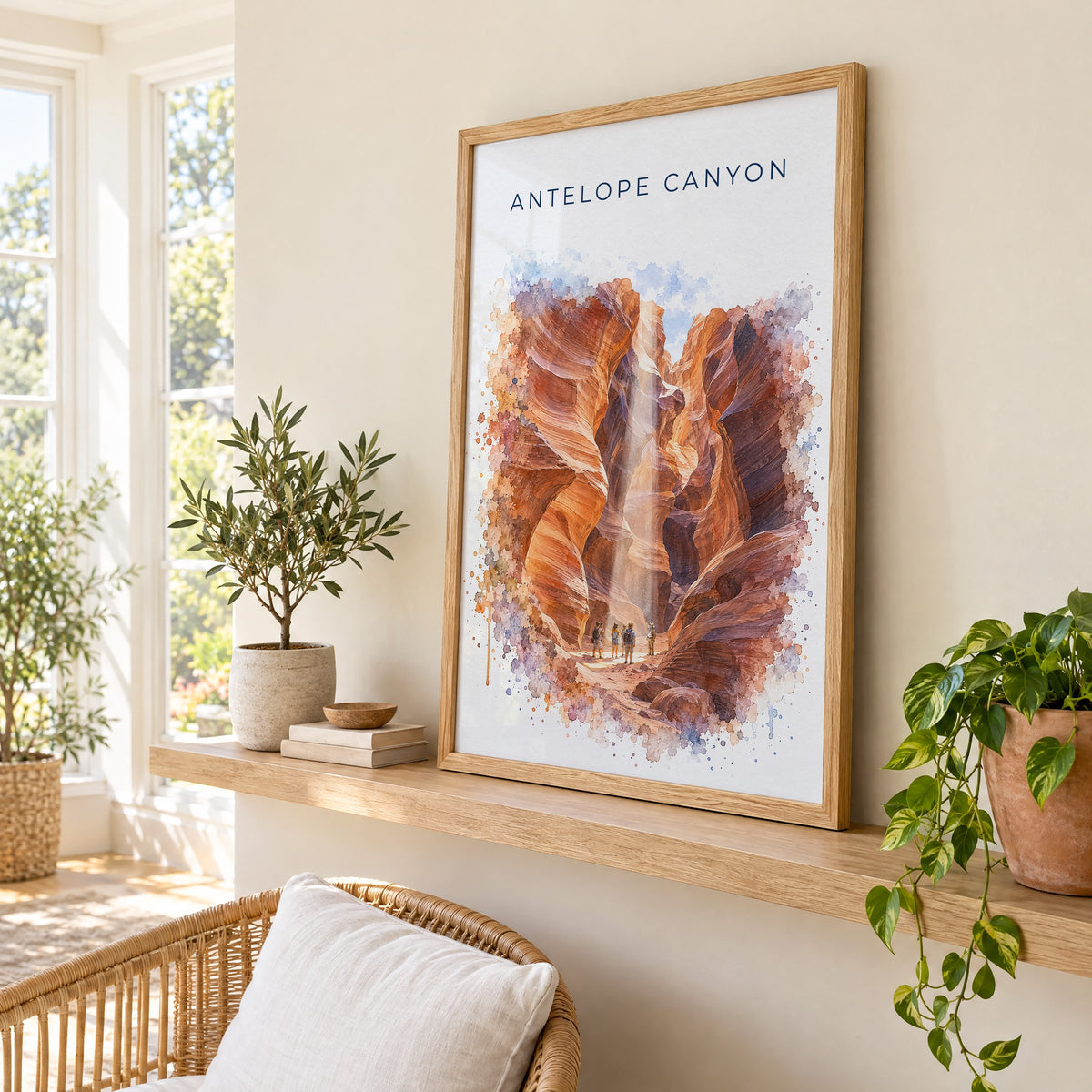 Antelope Canyon watercolor print in an oak frame on a picture ledge in a sunlit sunroom