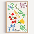 Antipasti line art print in a light oak frame on a plain white wall