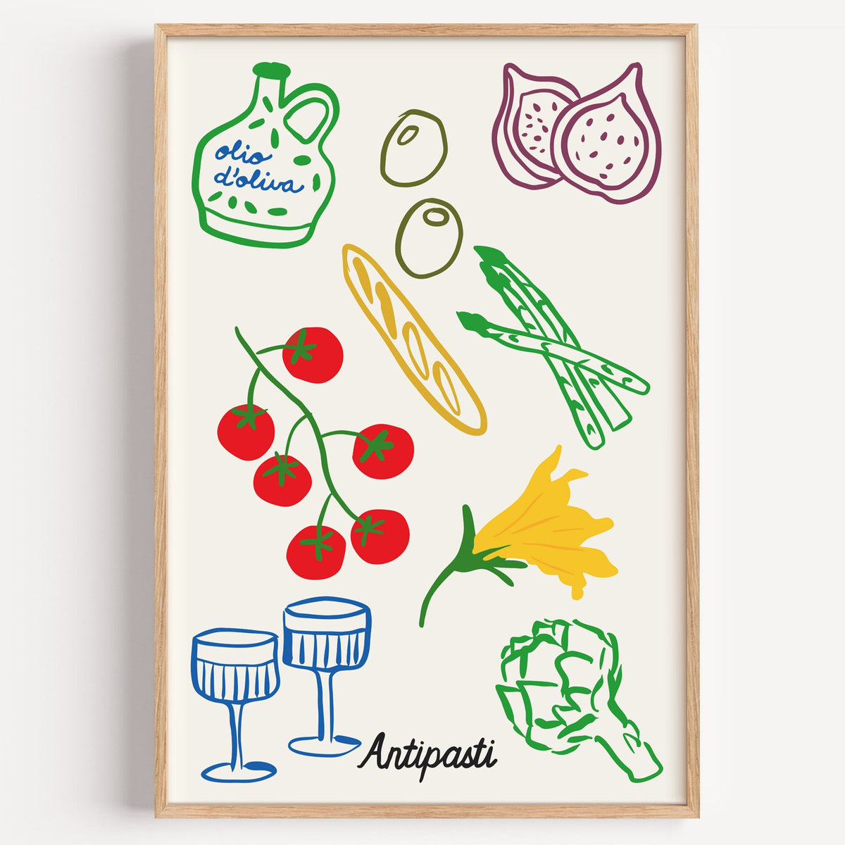Antipasti line art print in a light oak frame on a plain white wall