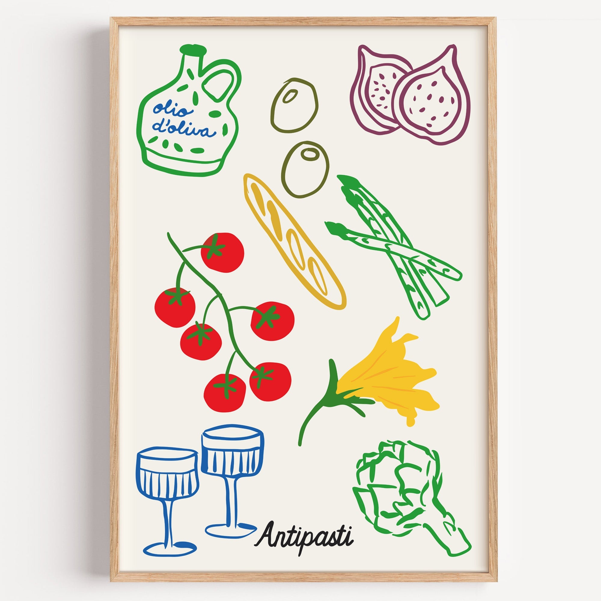 Antipasti line art print in a light oak frame on a plain white wall