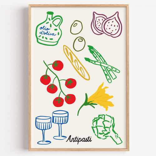 Antipasti line art print in a light oak frame on a plain white wall