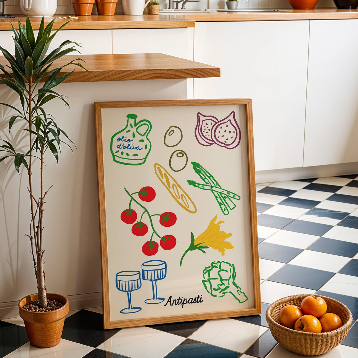 Antipasti line art print in an oak frame by a kitchen island and checkered floor