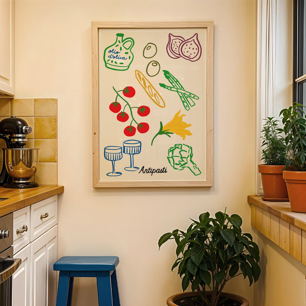 Antipasti line art print in a wood frame on a yellow tiled kitchen wall
